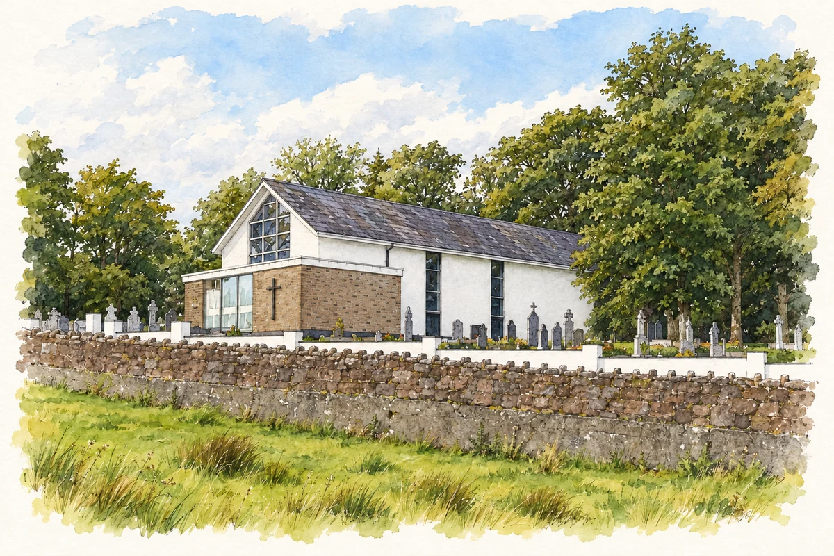 Watercolour and fine ink illustration of Drummin Church, County Mayo.