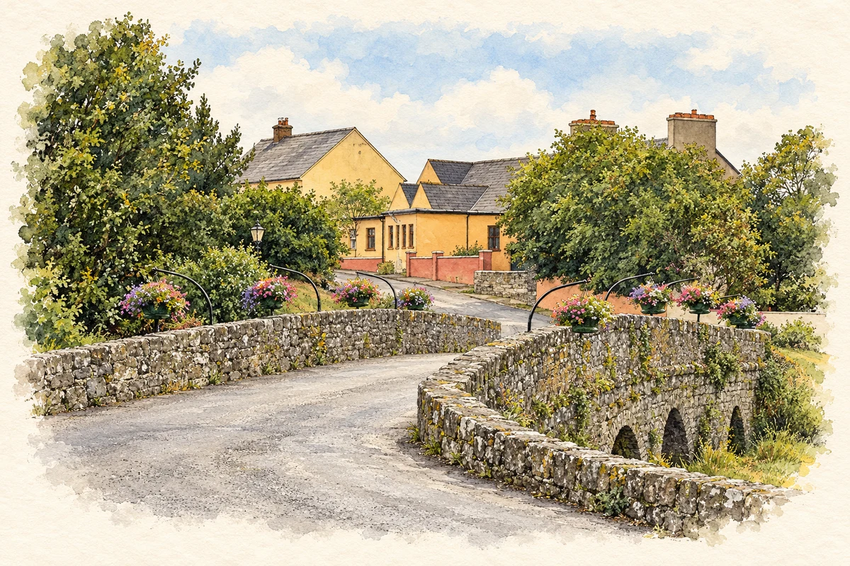 Watercolour and fine ink illustration of Doonbeg Bridge and village.