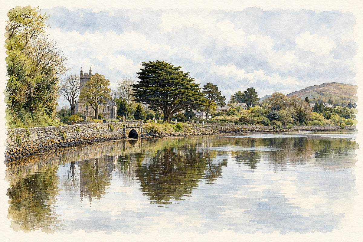 Watercolour and fine ink illustration of St James Church and the waterfront at Durrus.