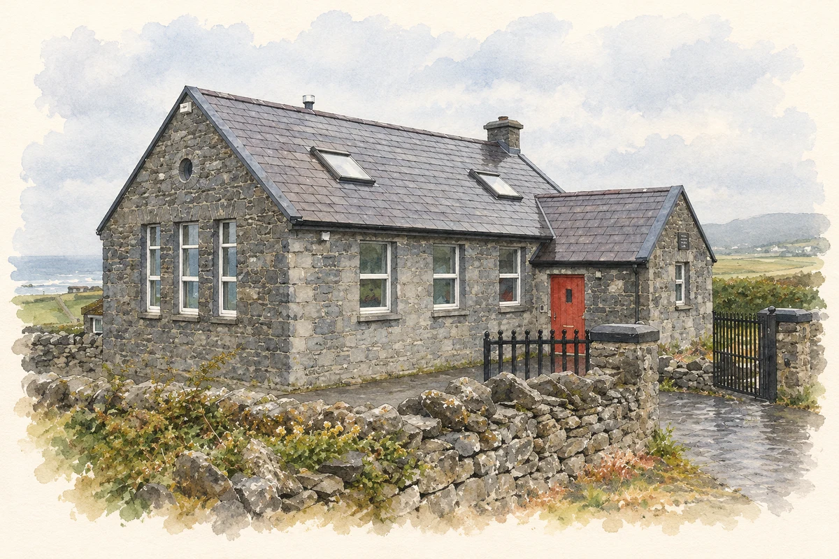 Watercolour and fine ink illustration of Former National School, Fanore, as photographed in 2011.