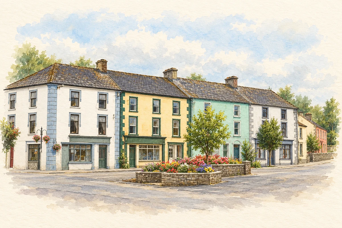 Watercolour and fine ink illustration of Galbally village square.