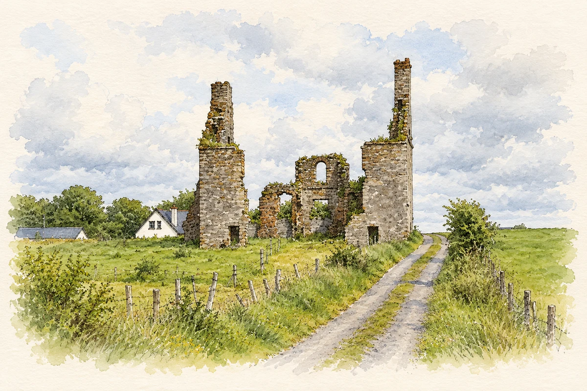 Watercolour and fine ink illustration of Ruins of Lowberry stronghouse near Garranlahan, as photographed in 2014.