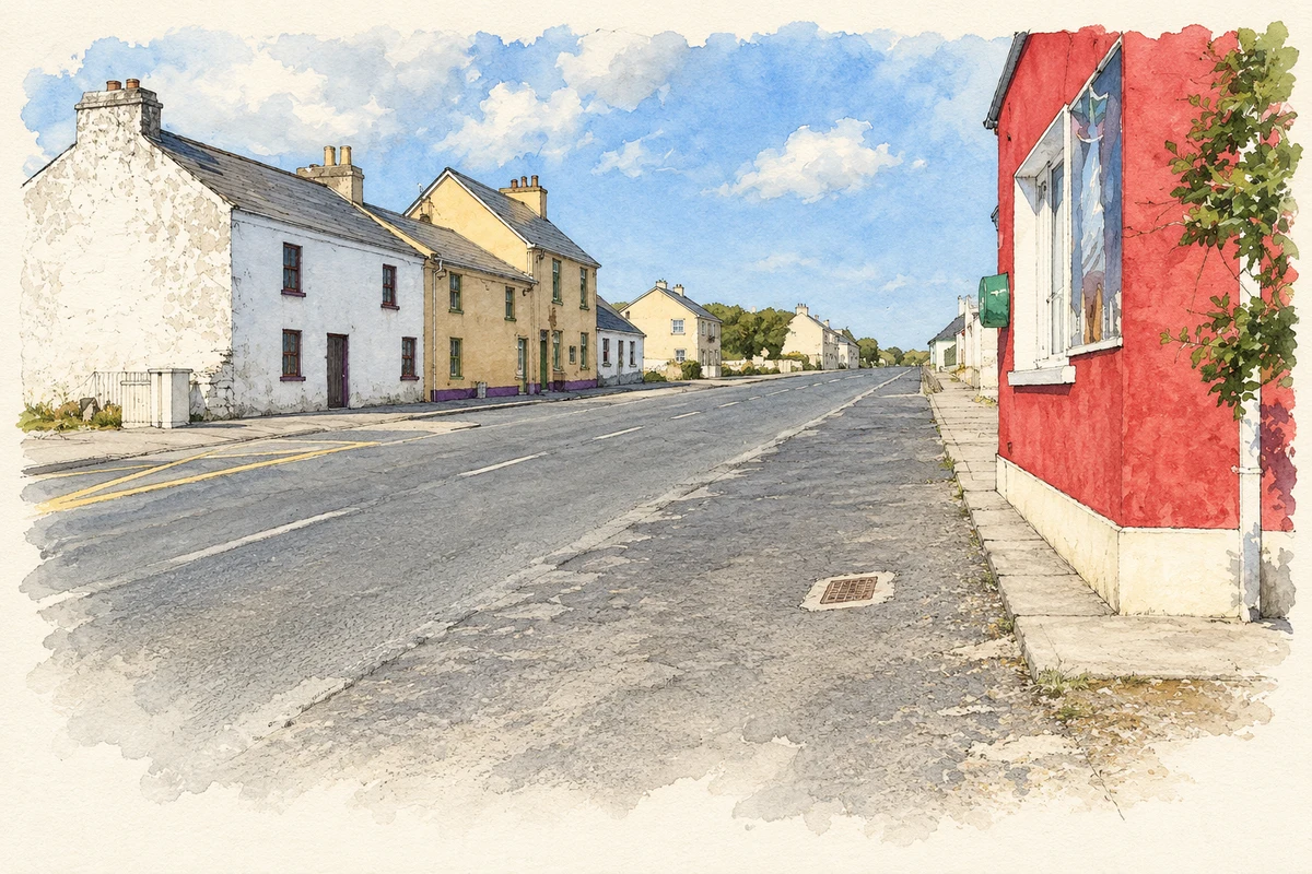 Watercolour and fine ink illustration of Main street of An Geata Mór, as photographed in 2022.