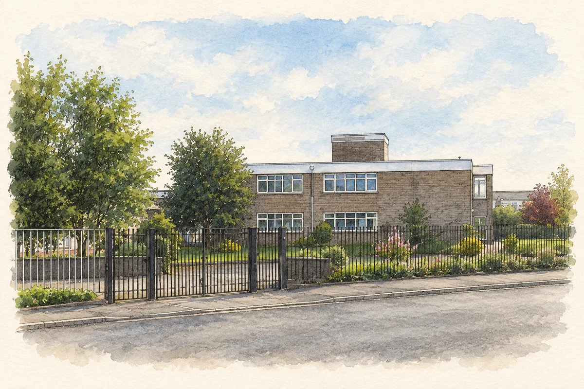 Watercolour and fine ink illustration of St Peter's Greenhills National School, Limekiln Road, Dublin, in 2007.