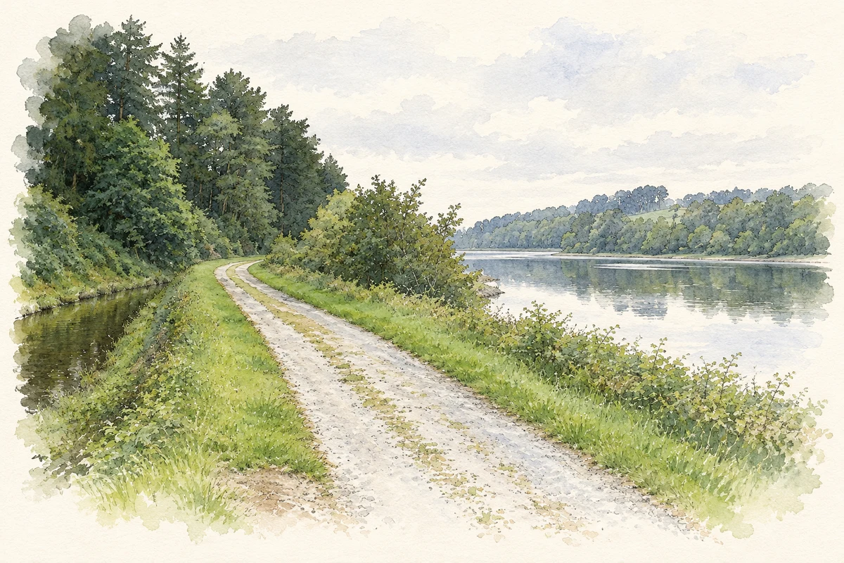 Watercolour and fine ink illustration of Upper Bohernabreena Reservoir in Glenasmole, as photographed in 2007.