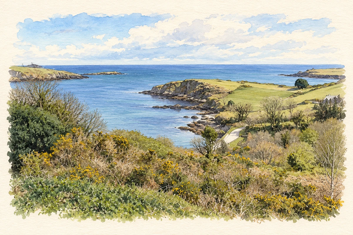 Watercolour and fine ink illustration of Castlehaven harbour mouth.