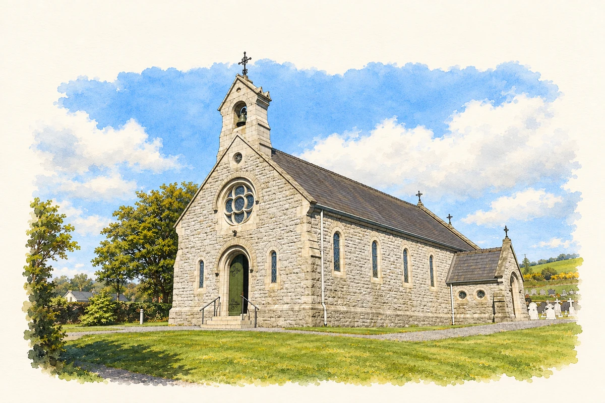 Watercolour and fine ink illustration of St Patrick’s Church, Glencullen.