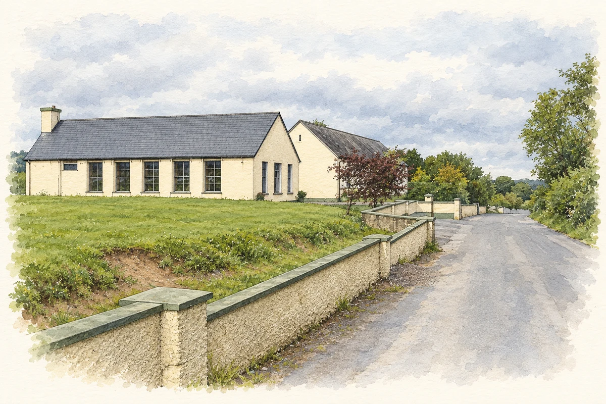 Watercolour and fine ink illustration of Glenmore primary school, County Kilkenny.