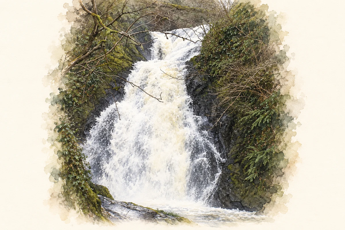 Watercolour and fine ink illustration of Glenoe Waterfall, as photographed in 2008.