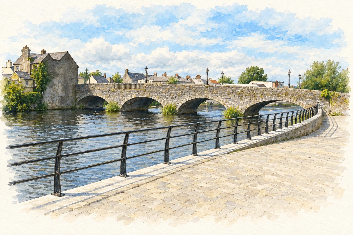 Watercolour and fine ink illustration of Graiguecullen Bridge near Graigue, as photographed in 2014.
