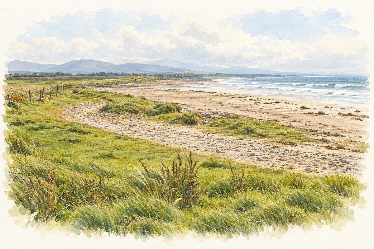 Watercolour and fine ink illustration of Inny Strand near Emlaghmore, as photographed in 2008.