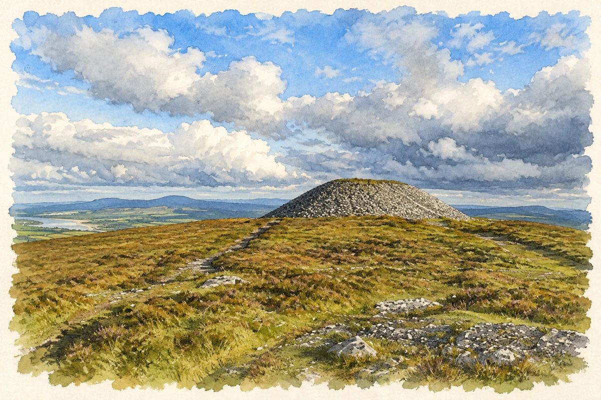 Watercolour and fine ink illustration of Maeve's Cairn on Knocknarea above Strandhill, County Sligo.