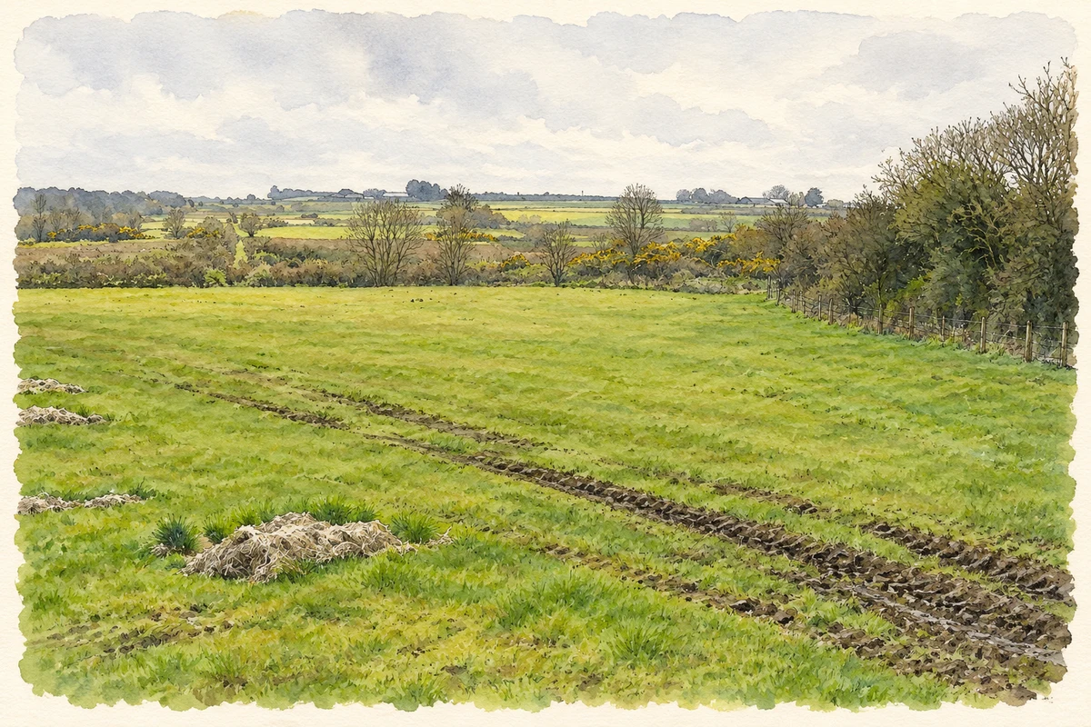 Watercolour and fine ink illustration of Fields in Letterloan townland, as photographed in 2008.