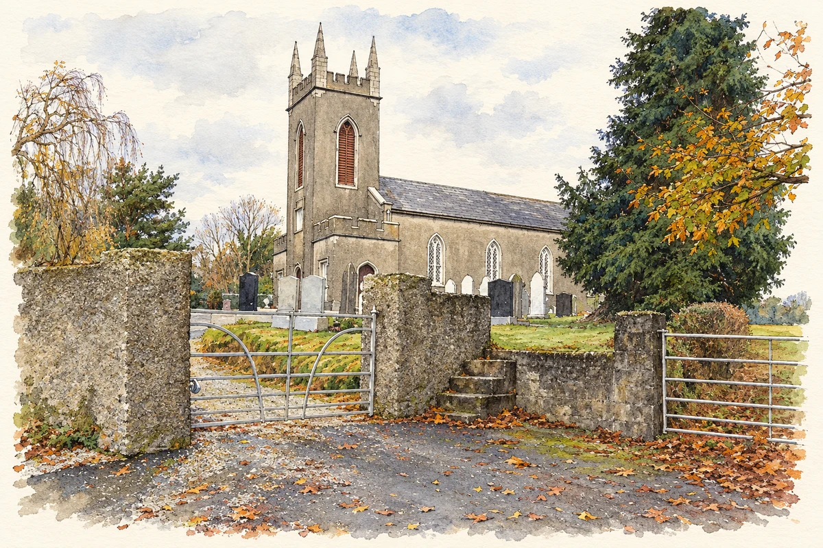 Watercolour and fine ink illustration of Saint Luke’s Church at Liskinfere, as photographed in 2007.