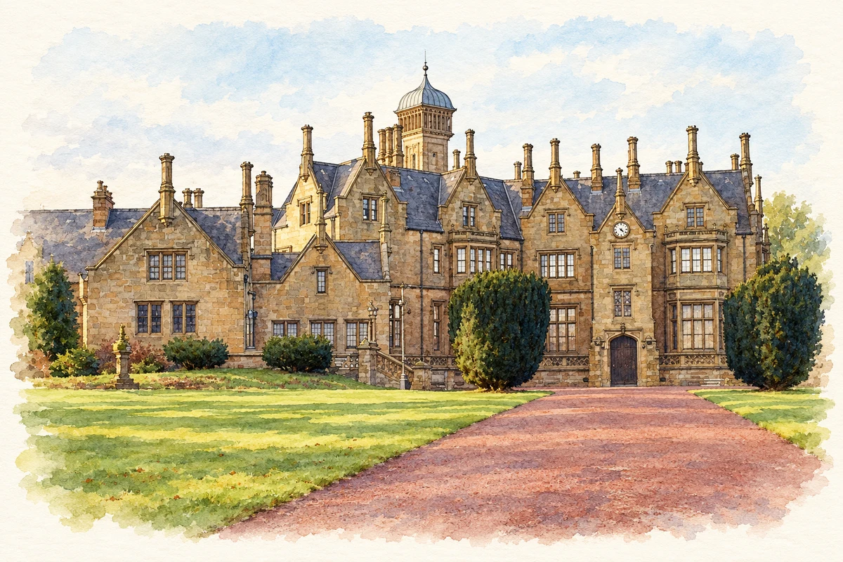 Watercolour and fine ink illustration of Brownlow House forecourt frontage, Lurgan.