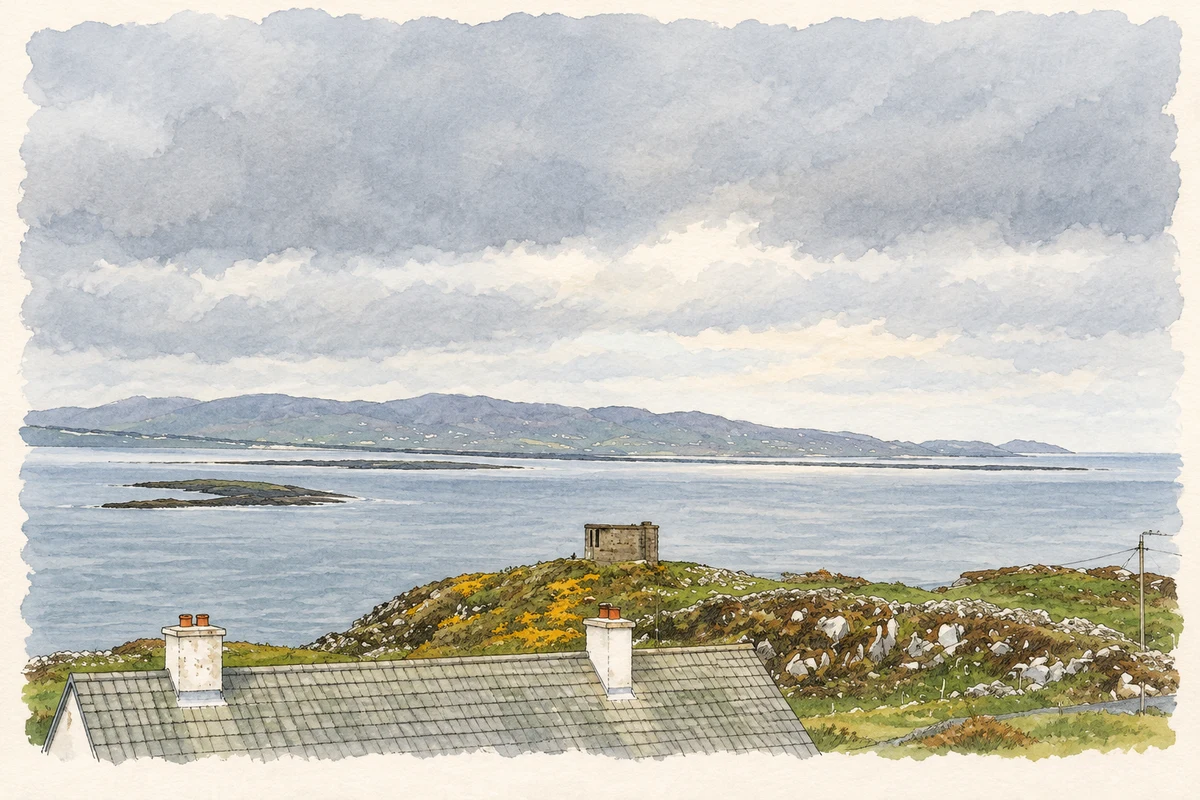 Watercolour and fine ink illustration of The Crohy Head lookout and coastal view near Maghery, as photographed in May 2006.