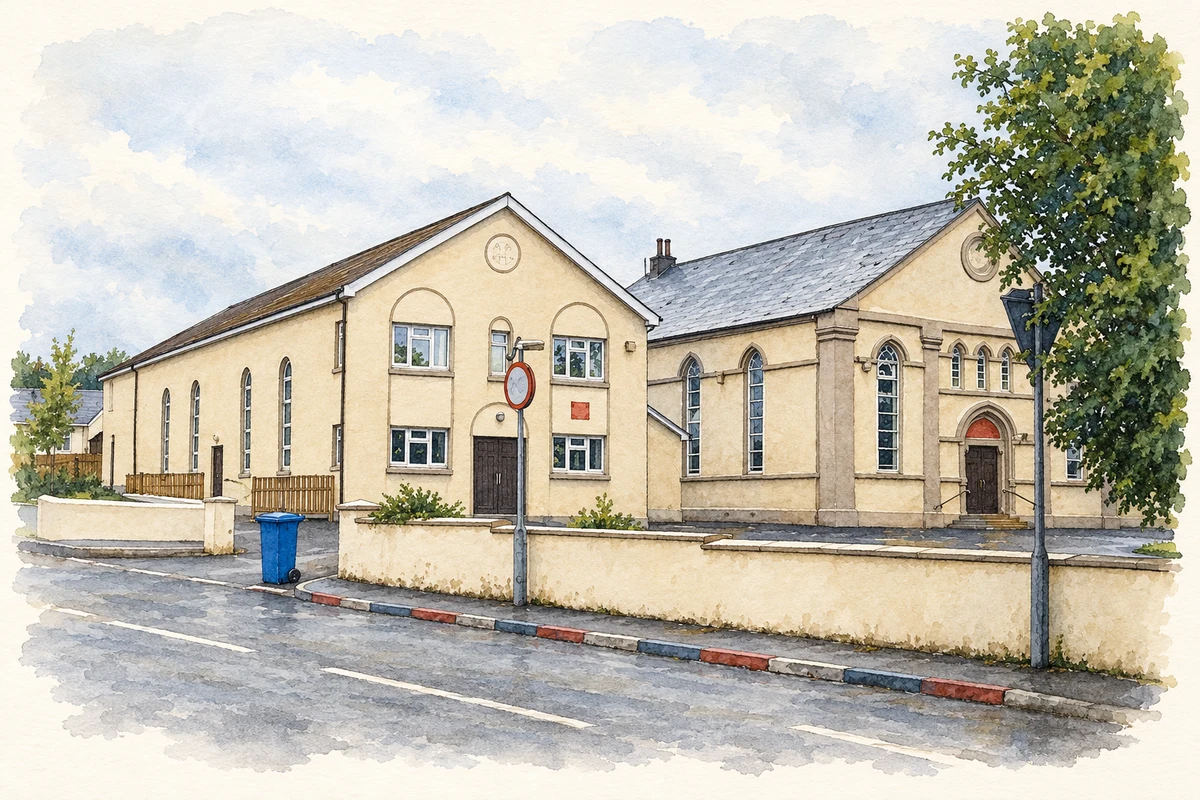 Watercolour and fine ink illustration of Magheramason Presbyterian church and hall, as photographed in July 2012.