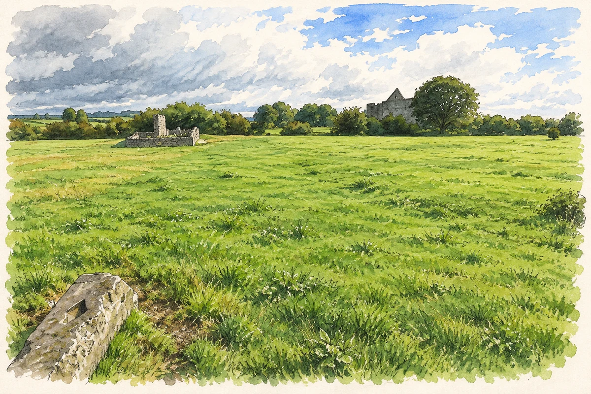 Watercolour and fine ink illustration of Pasture and old church remains east of Monaster, as photographed in October 2013.