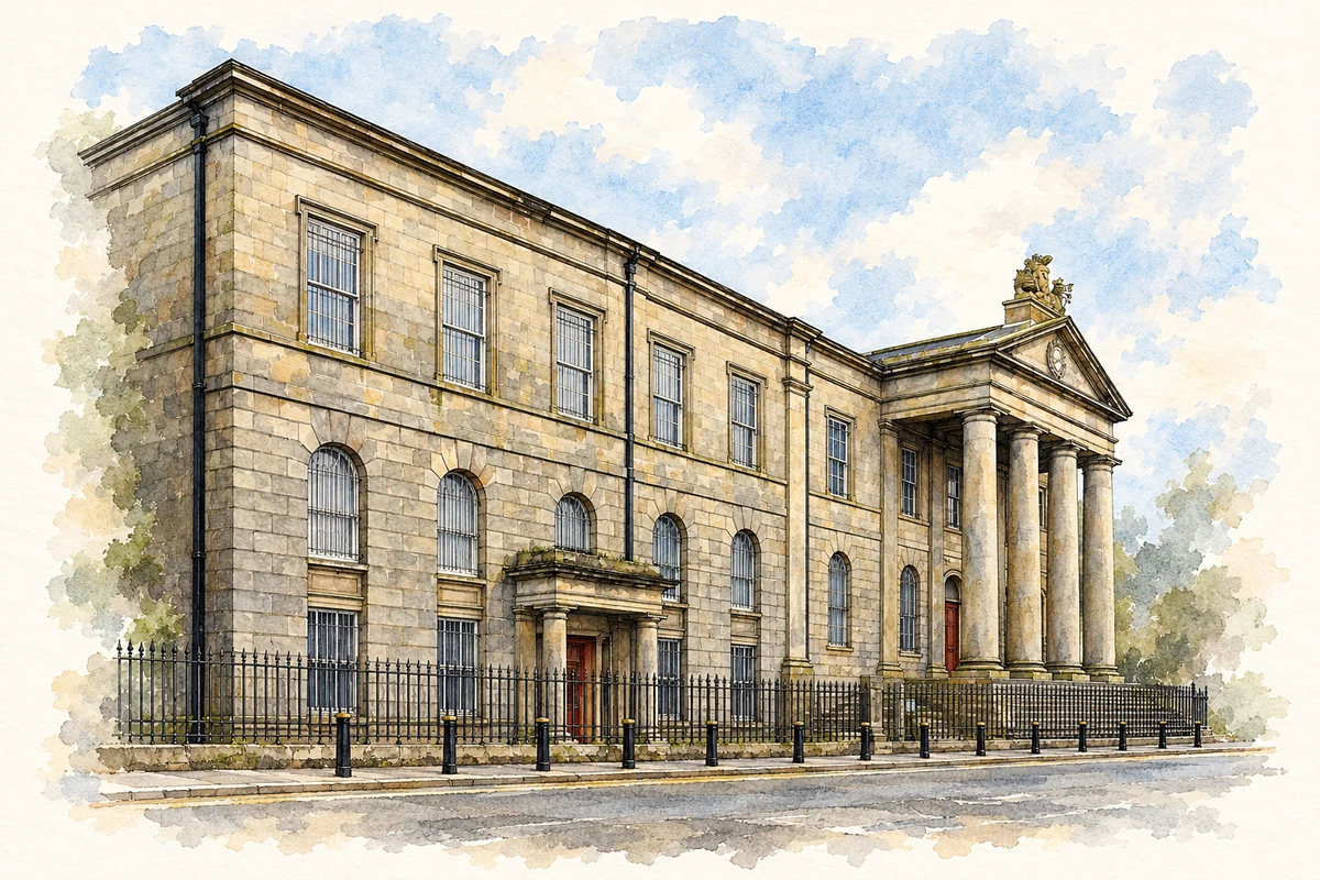 Watercolour and fine ink illustration of Omagh Courthouse, County Tyrone in Omagh.