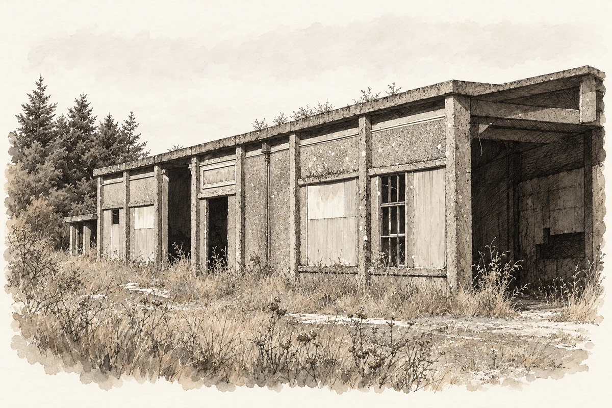 Watercolour and fine ink illustration of The disused concrete station building at Parkmore, County Antrim, as photographed in 1997.