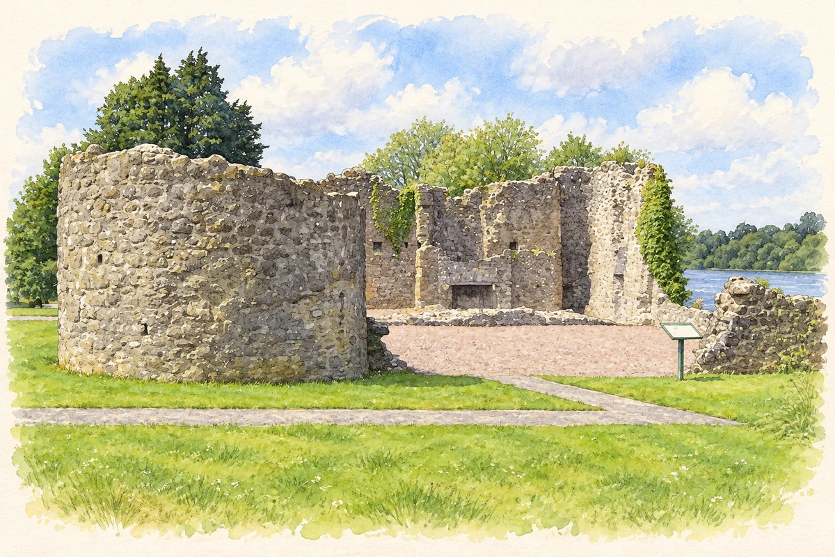 Watercolour and fine ink illustration of The surviving ruins of Portora Castle, County Fermanagh, as photographed in July 2007.