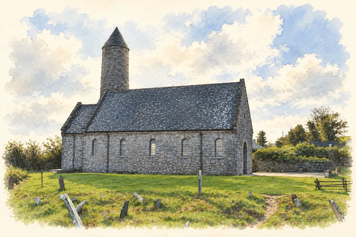 Watercolour and fine ink illustration of Saint Patrick's Memorial Church, Saul, County Down.
