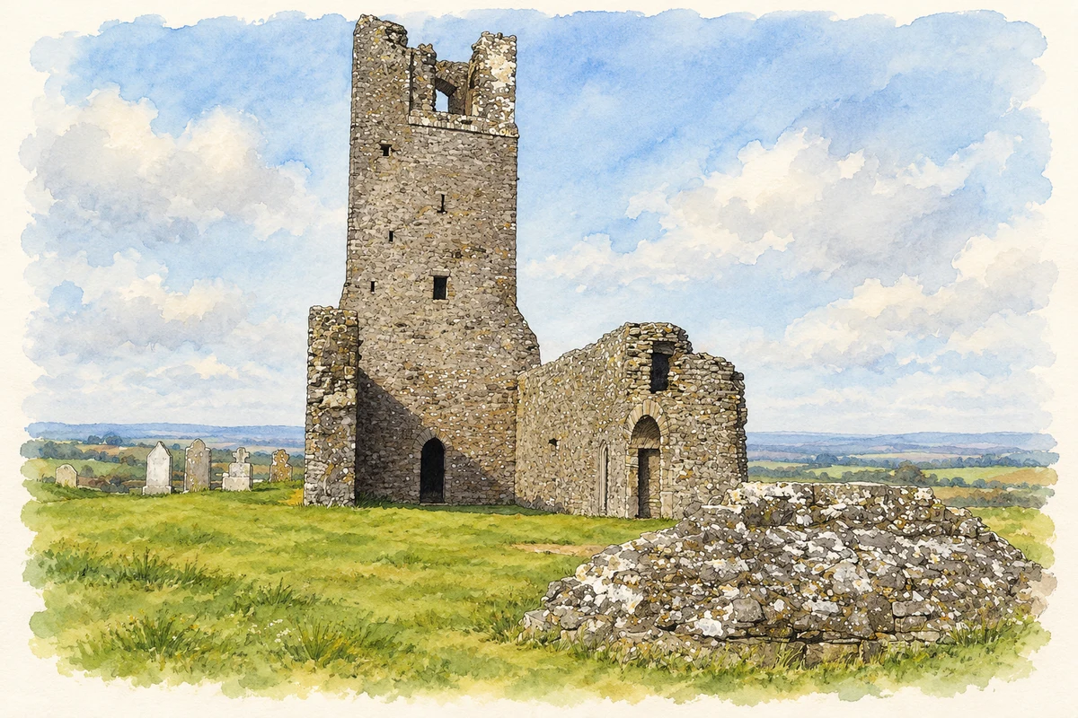 Watercolour and fine ink illustration of Skreen medieval church, County Meath.