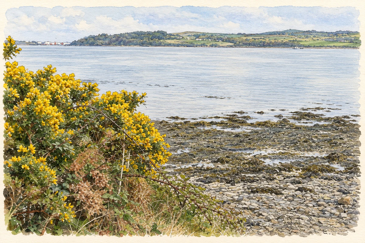 Watercolour and fine ink illustration of The Shannon estuary at Shannakea, County Clare, as photographed in April 2010.