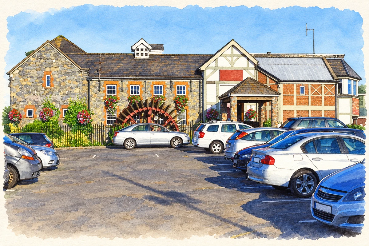 Watercolour and fine ink illustration of The Old Mill pub on Old Bawn Road, as photographed in June 2017.