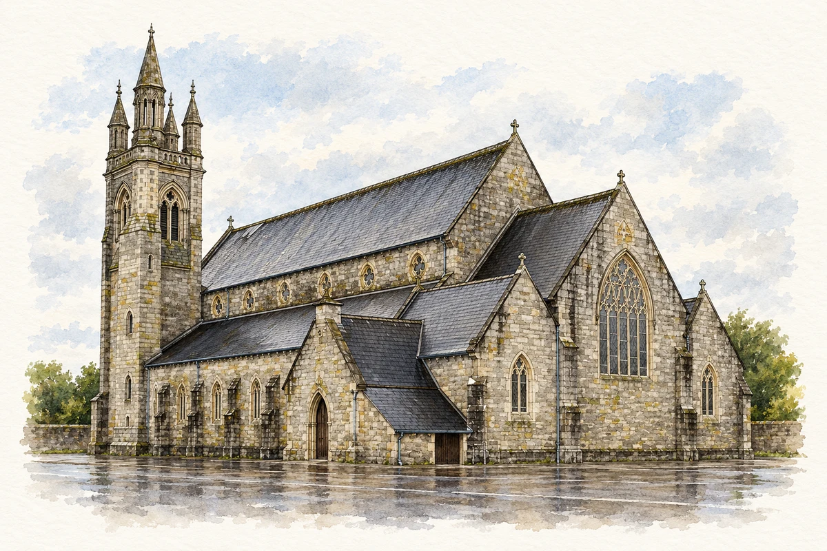 Watercolour and fine ink illustration of Church of Mary Immaculate, Stranorlar, County Donegal.