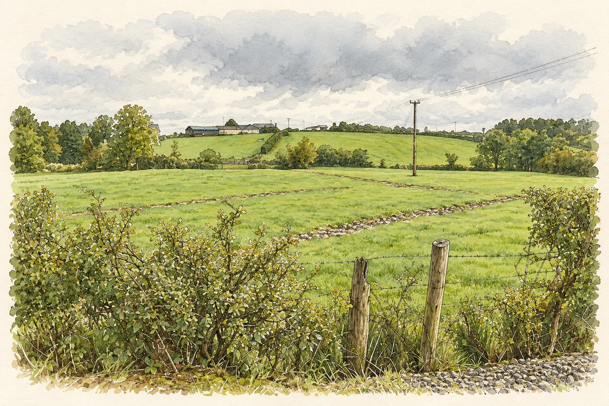 Watercolour and fine ink illustration of Pastures at Tattyreagh Glebe seen from Oldfort Road, as photographed in September 2025.