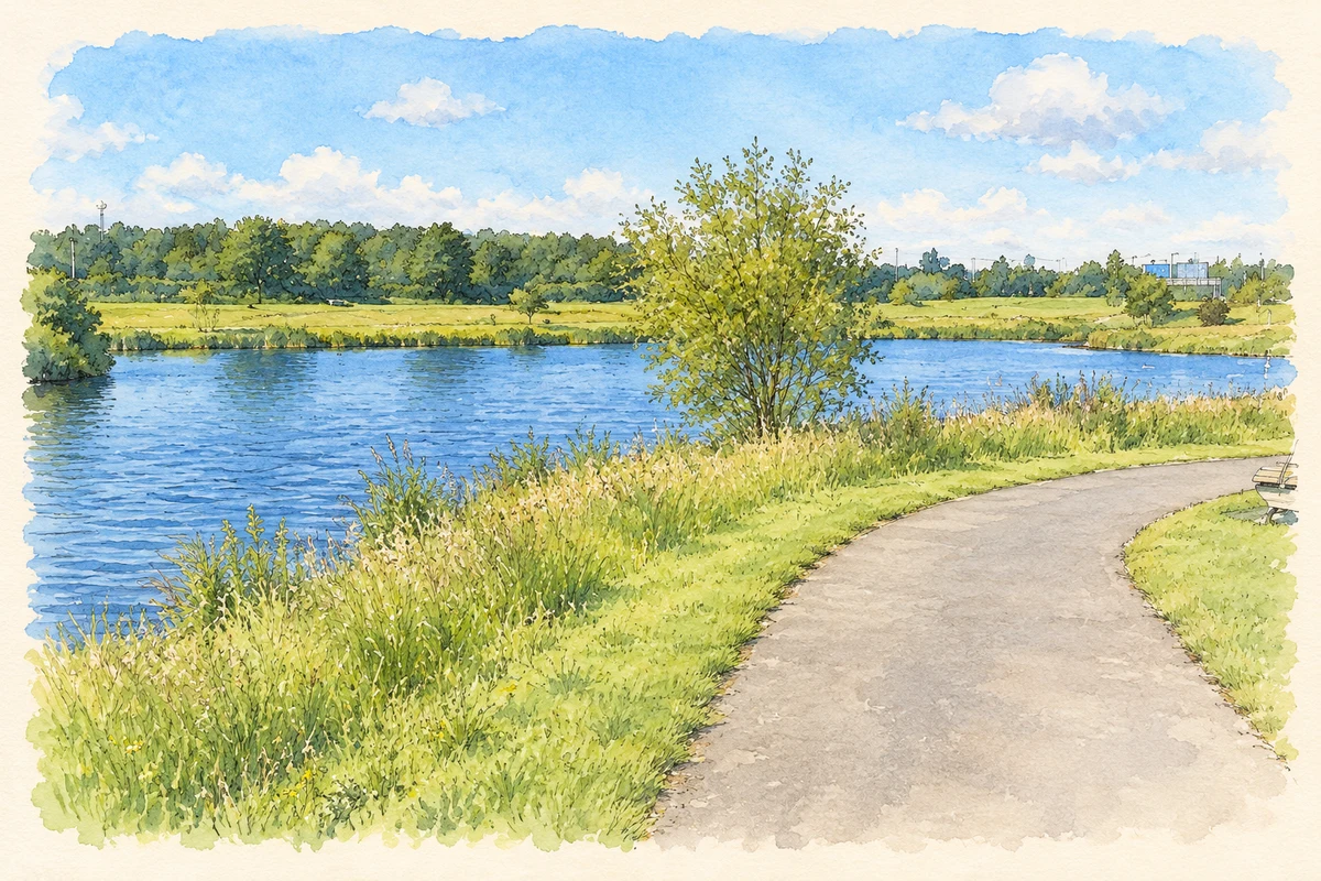 Watercolour and fine ink illustration of A lake on the River Poddle in Tymon Park, as photographed in June 2012.