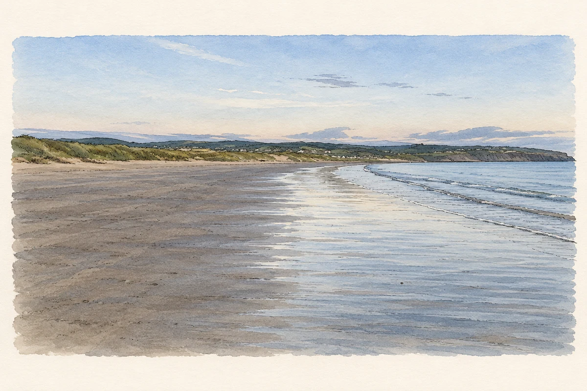 Watercolour and fine ink illustration of Rossnowlagh beach, County Donegal, as photographed in June 2021.