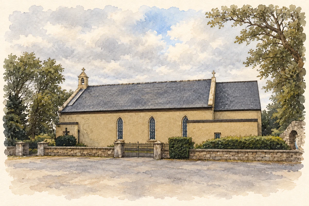 Watercolour and fine ink illustration of Séipéal Deastógála, Camus Oughter.