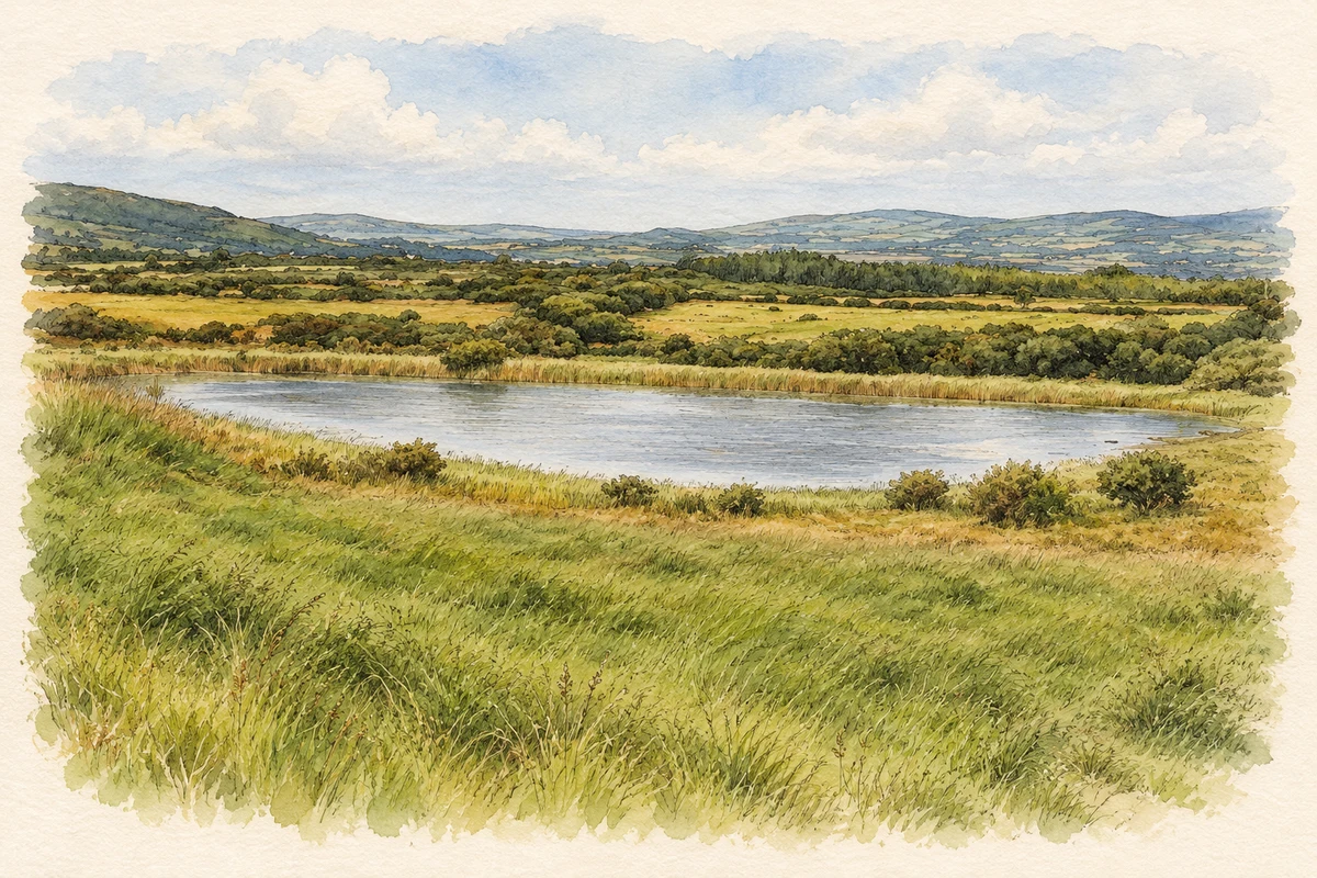 Watercolour and fine ink illustration of Drumlee Lake near Gleneely.