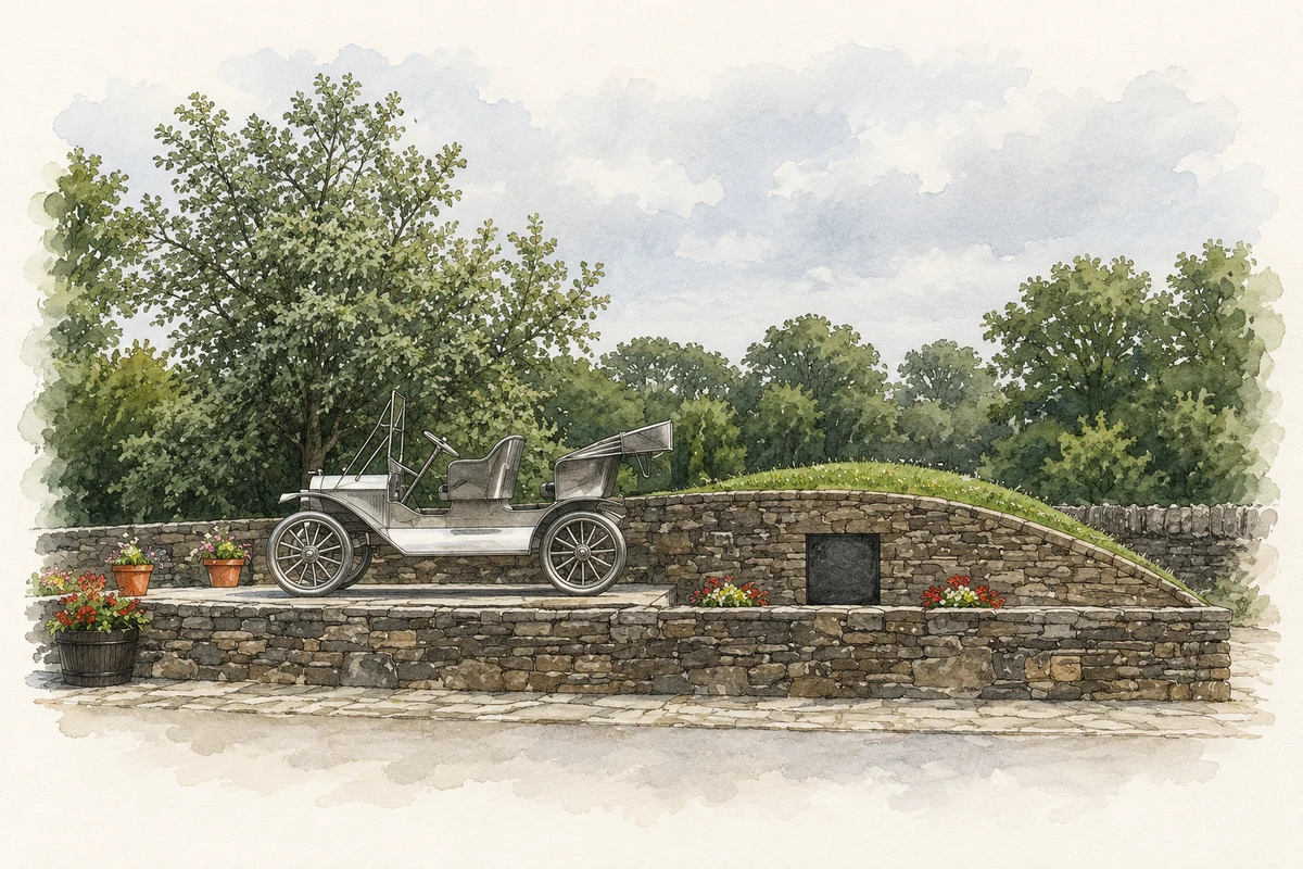 Watercolour and fine ink illustration of Model T monument, Ballinascarty, County Cork.