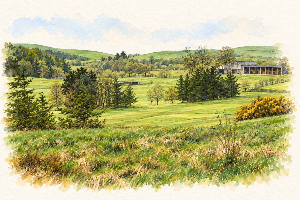 Watercolour and fine ink illustration of Westport Golf Club at Carrowholly, near Carraholly.