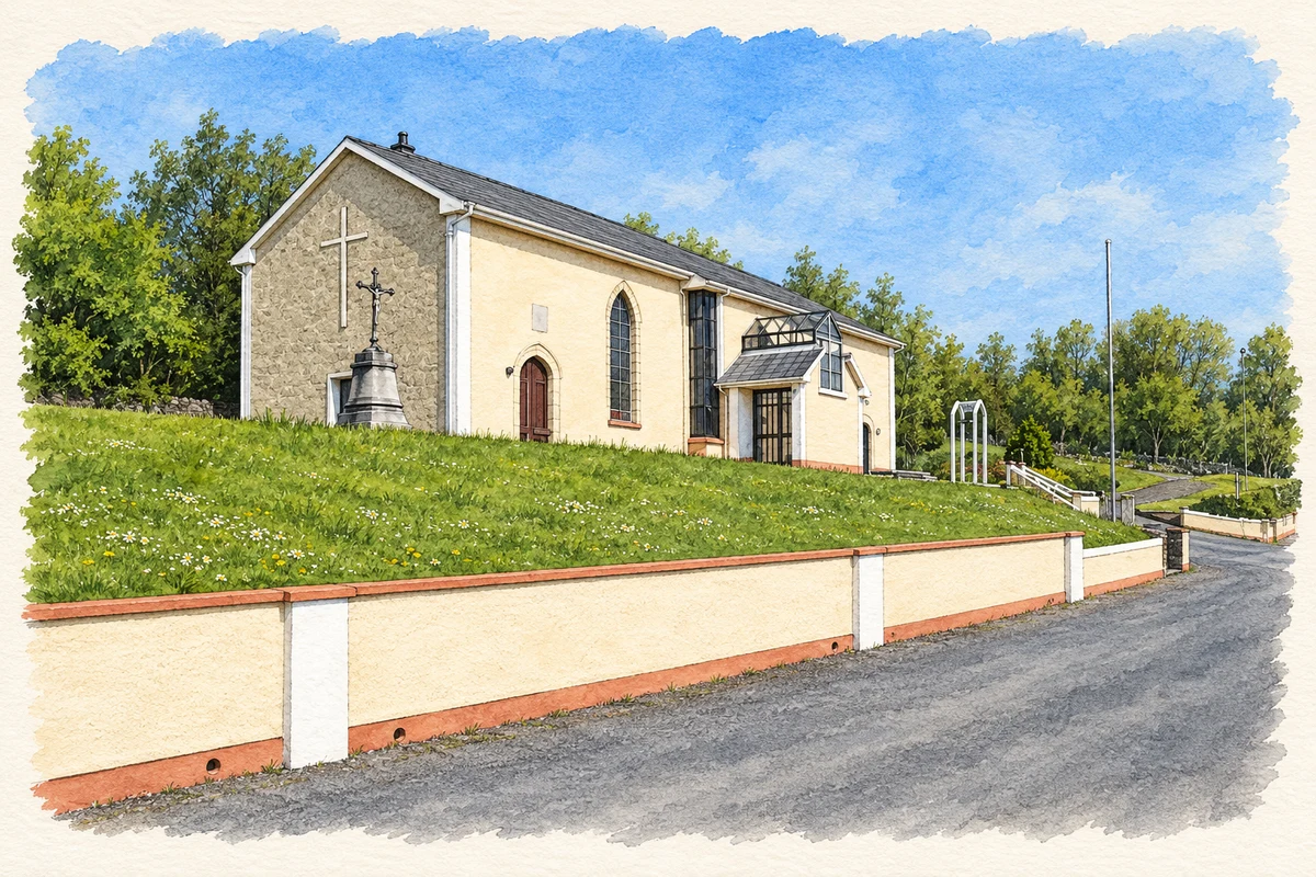 Watercolour and fine ink illustration of The church at Newtownmanor, as photographed in May 2008.