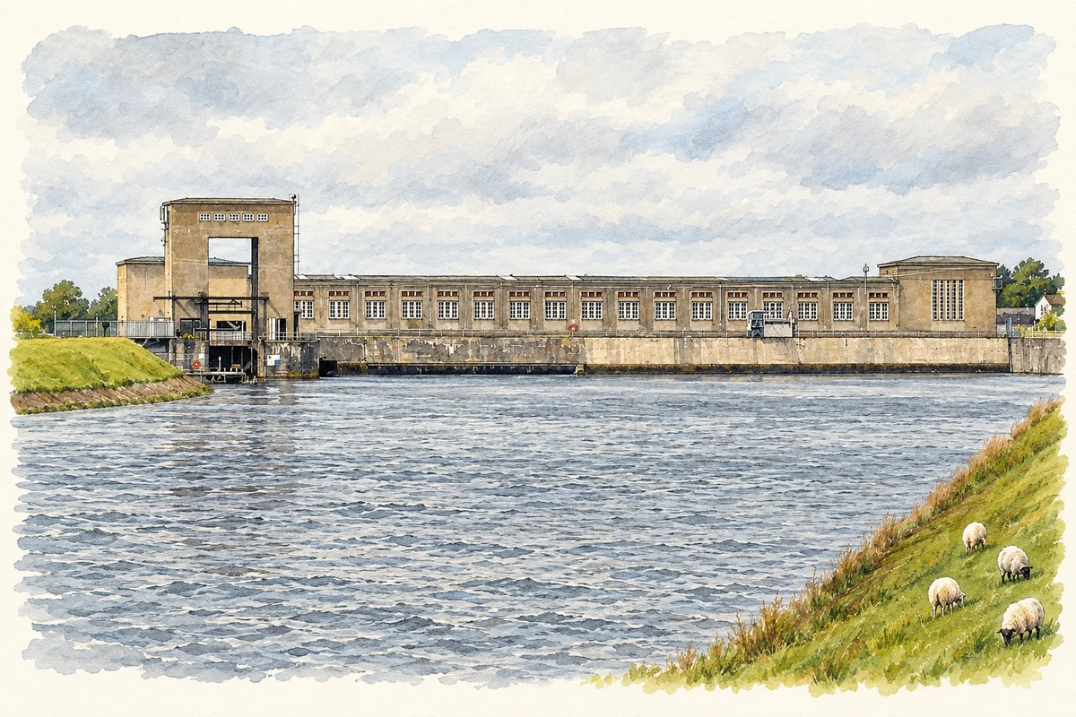 Watercolour and fine ink illustration of Ardnacrusha hydroelectric power station.