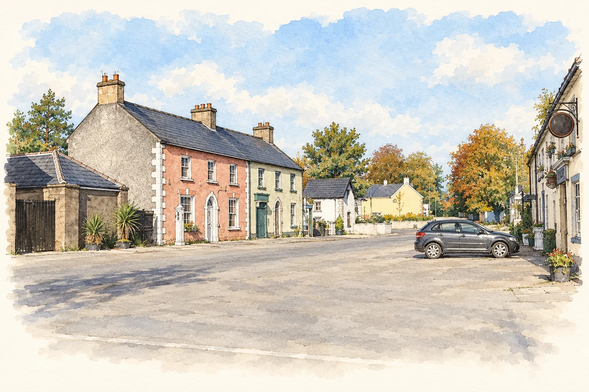 Watercolour and fine ink illustration of Grange Con village street, as photographed in 2006.