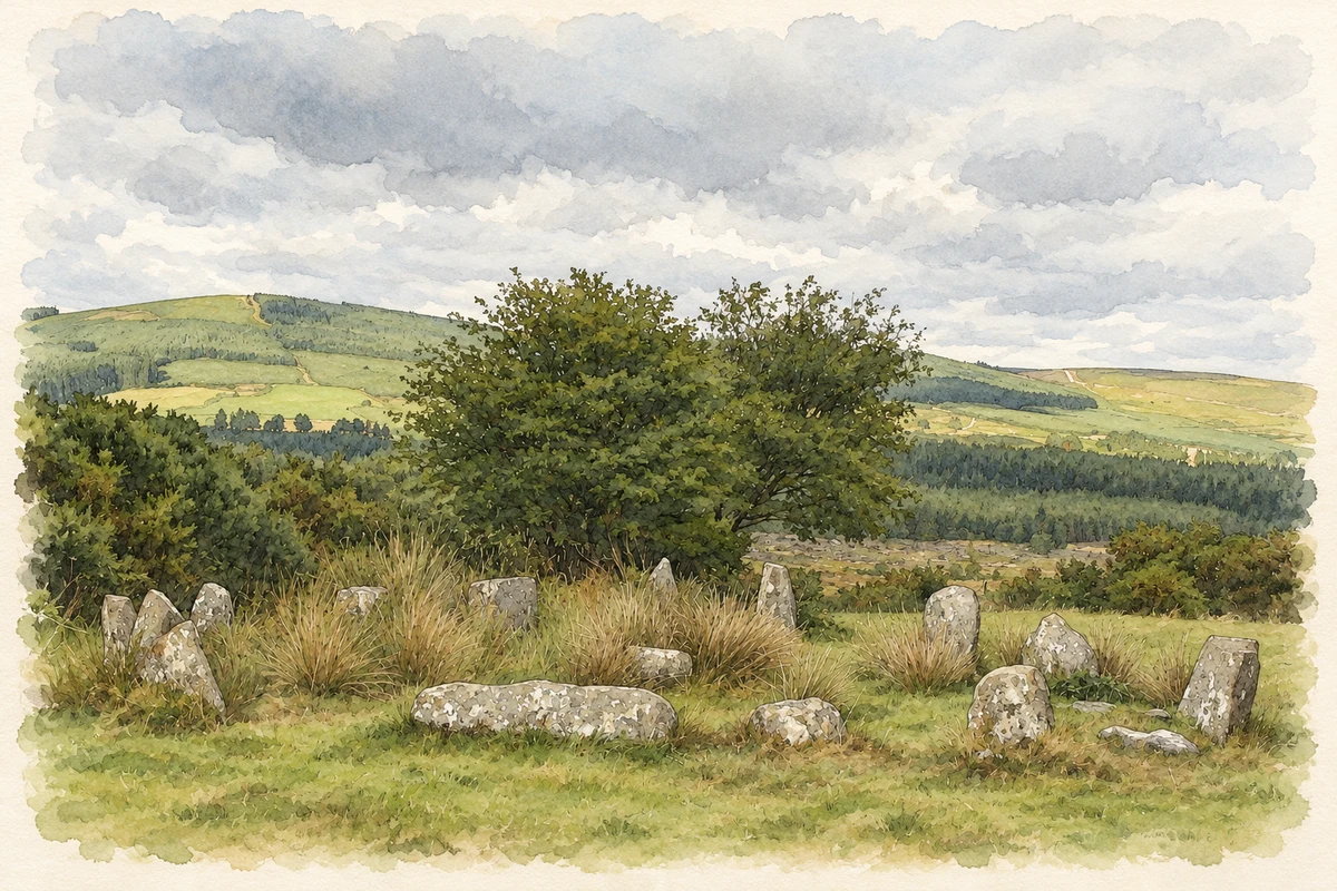 Watercolour and fine ink illustration of Carrigagulla stone circle, near Ballinagree, County Cork.