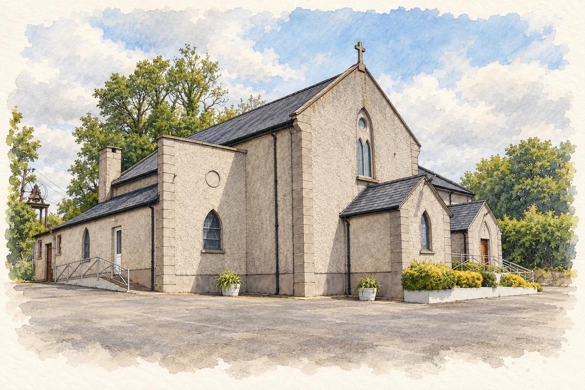 Watercolour and fine ink illustration of St Columba's Church, Bweeng, County Cork.