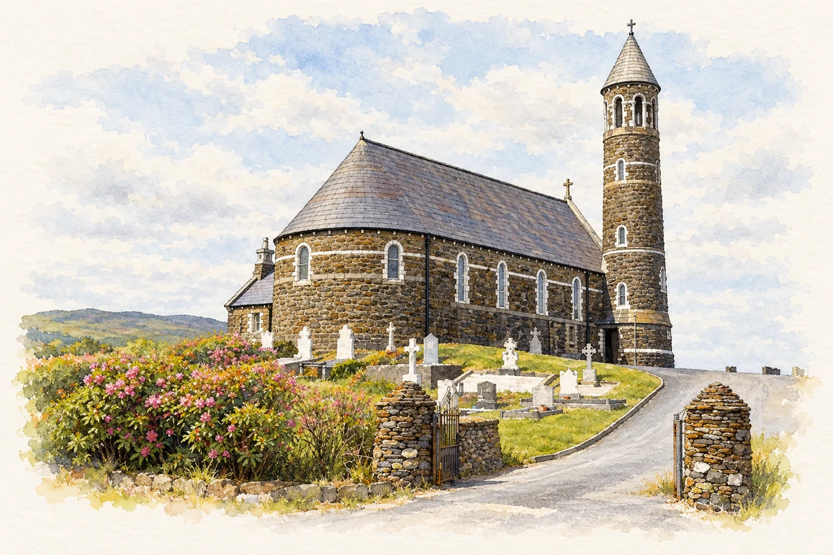 Watercolour and fine ink illustration of Sacred Heart Church near Dunlewy, as photographed in2011.
