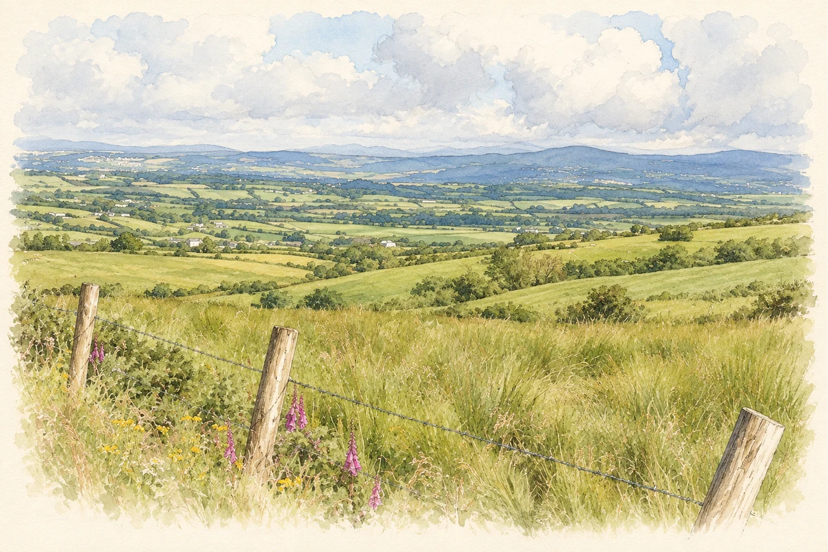 Watercolour and fine ink illustration of Valley near Glenmaquin, as photographed in 2007.
