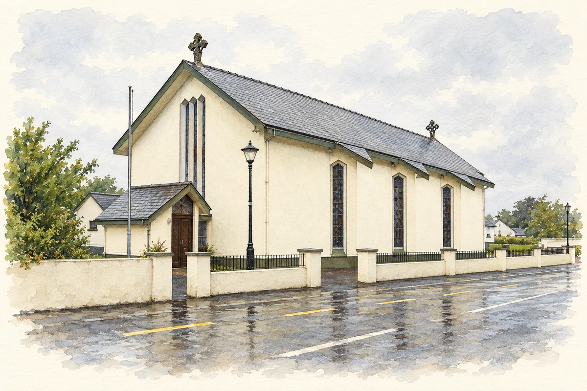 Watercolour and fine ink illustration of Saint Patrick’s Church at Killavally, as photographed in 2010.