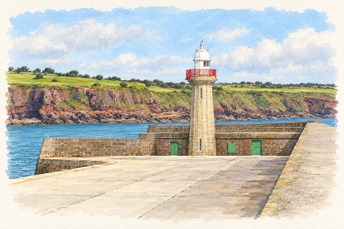 Watercolour and fine ink illustration of Dunmore East Lighthouse.