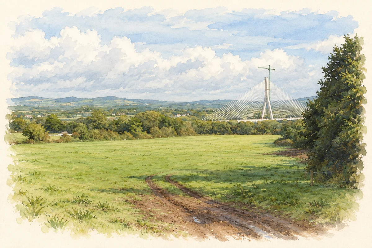 Watercolour and fine ink illustration of Pasture at Gracedieu and the Suir bridge during construction, in 2009.
