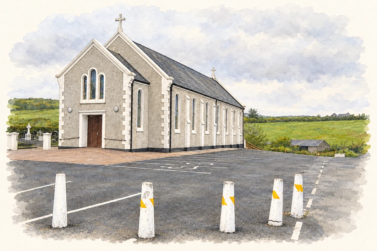 Watercolour and fine ink illustration of Saint John’s Church at Leckemy, as photographed in 2009.