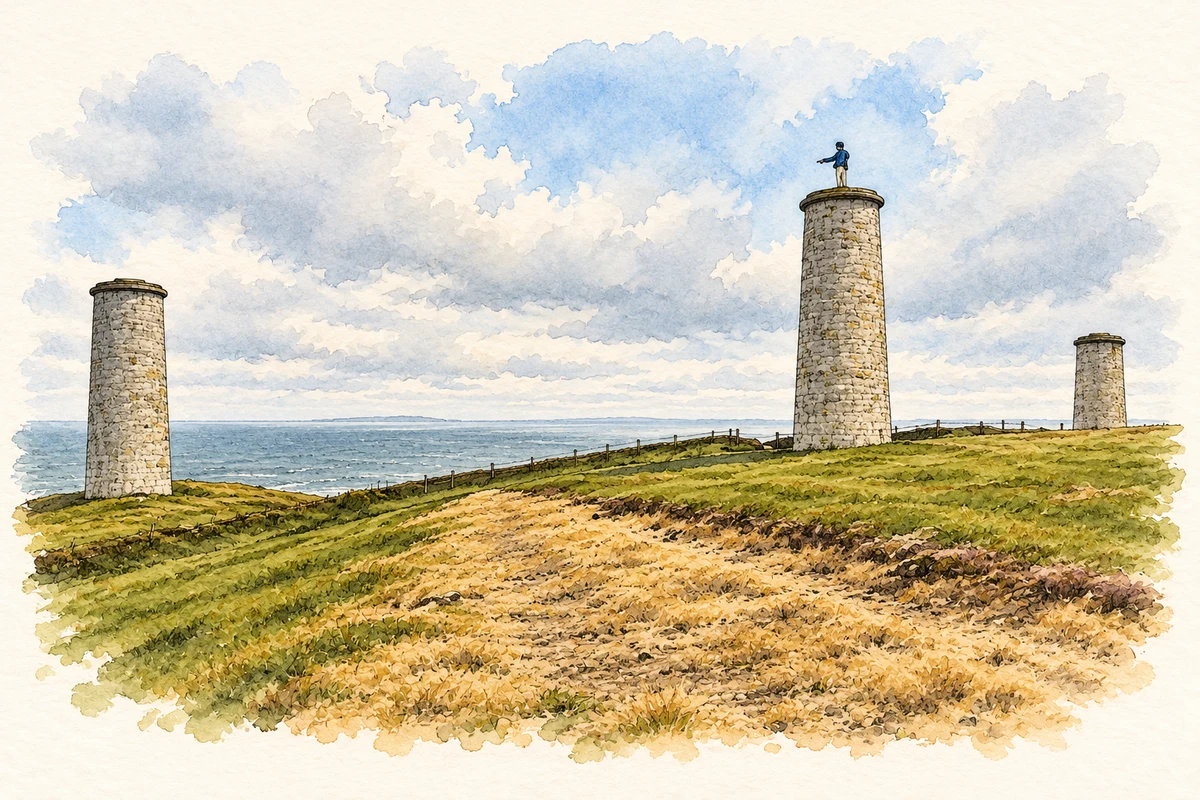 Watercolour and fine ink illustration of Metal Man pillars, Newtown Head near Tramore, County Waterford in Tramore.