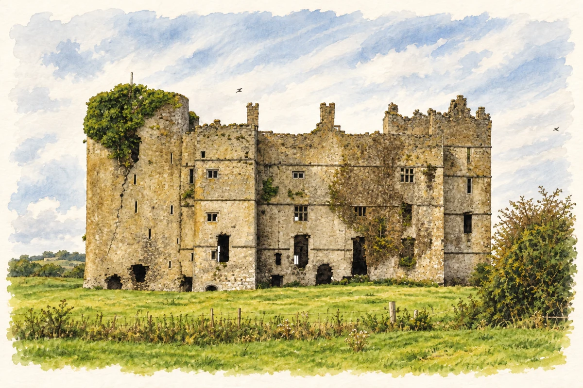 Watercolour and fine ink illustration of Loughmoe Castle ruins, as photographed in September 2019.